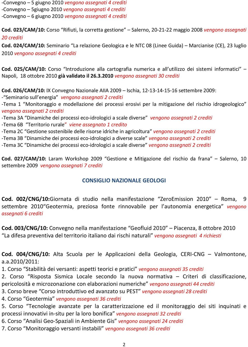 024/CAM/10: Seminario La relazione Geologica e le NTC 08 (Linee Guida) Marcianise (CE), 23 luglio 2010 vengono assegnati 4 Cod.