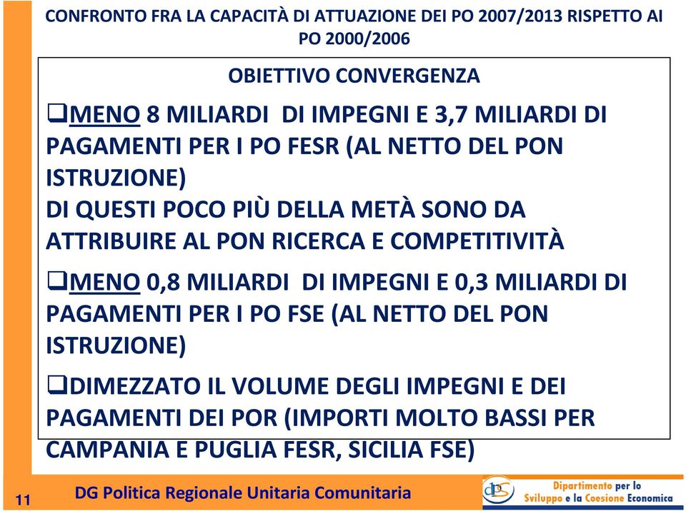 ATTRIBUIRE AL PON RICERCA E COMPETITIVITÀ MENO0,8 MILIARDI DI IMPEGNI E 0,3 MILIARDI DI PAGAMENTI PER I PO FSE (AL NETTO DEL