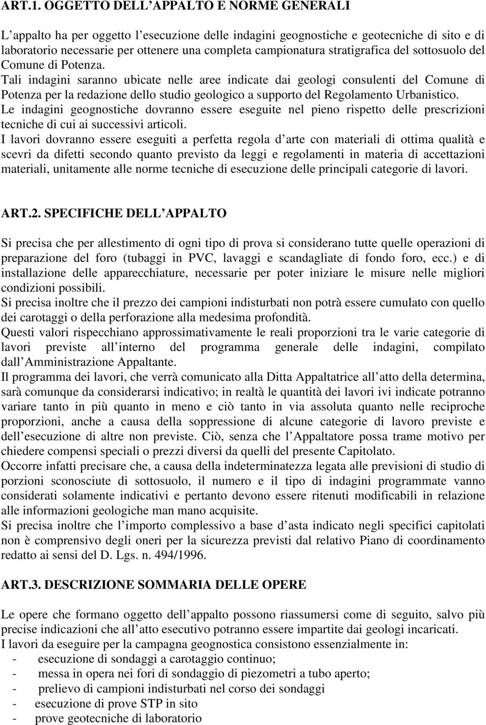 stratigrafica del sottosuolo del Comune di Potenza.