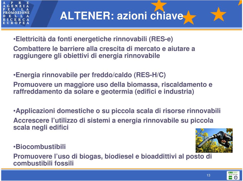 raffreddamento da solare e geotermia (edifici e industria) Applicazioni domestiche o su piccola scala di risorse rinnovabili Accrescere l utilizzo di