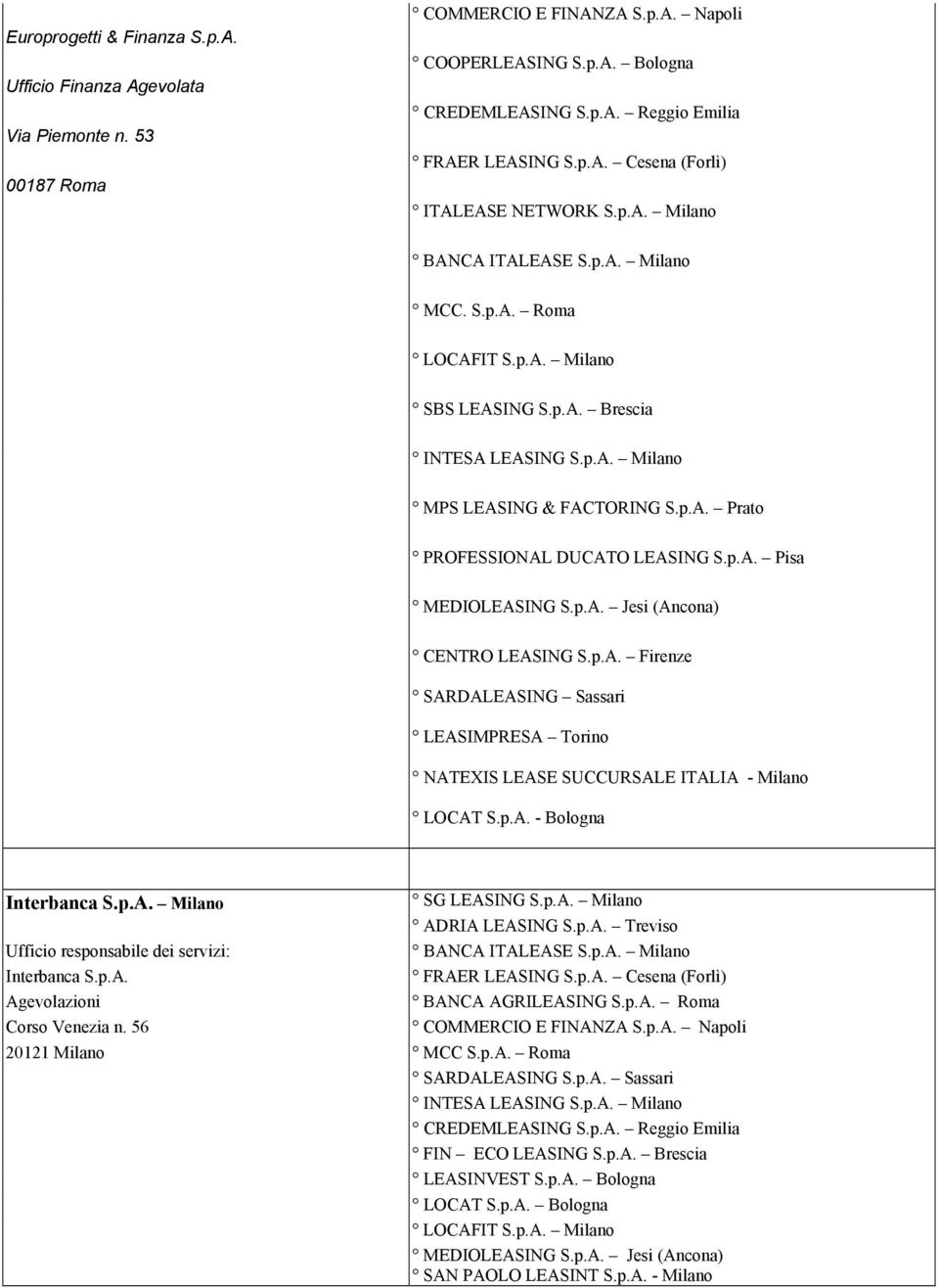 p.A. Firenze SARDALEASING Sassari LEASIMPRESA Torino NATEXIS LEASE SUCCURSALE ITALIA - Milano LOCAT S.p.A. - Bologna Interbanca S.p.A. Milano SG LEASING S.p.A. Milano ADRIA LEASING S.p.A. Treviso BANCA ITALEASE S.