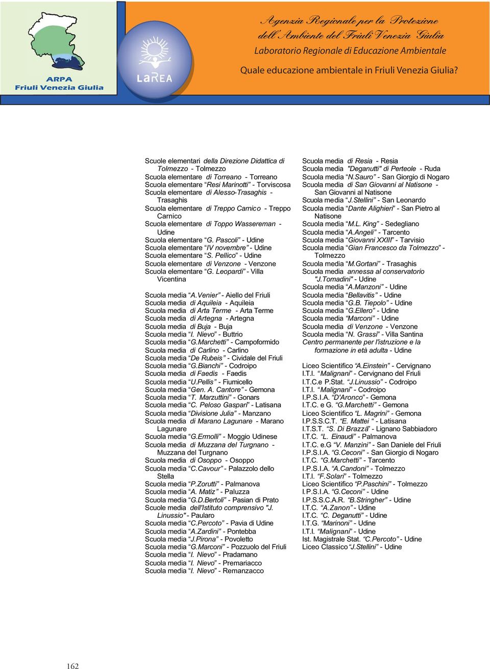 Pascoli - Udine Scuola elementare IV novembre - Udine Scuola elementare S. Pellico - Udine Scuola elementare di Venzone - Venzone Scuola elementare G. Leopardi - Villa Vicentina Scuola media A.