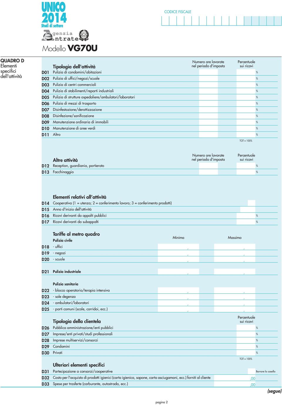 Disinfezione/sanificazione Manutenzione ordinaria di immobili Manutenzione di aree verdi Altro TOT = 00 D D3 Altre attività Reception guardiania portierato Facchinaggio ore lavorate nel periodo