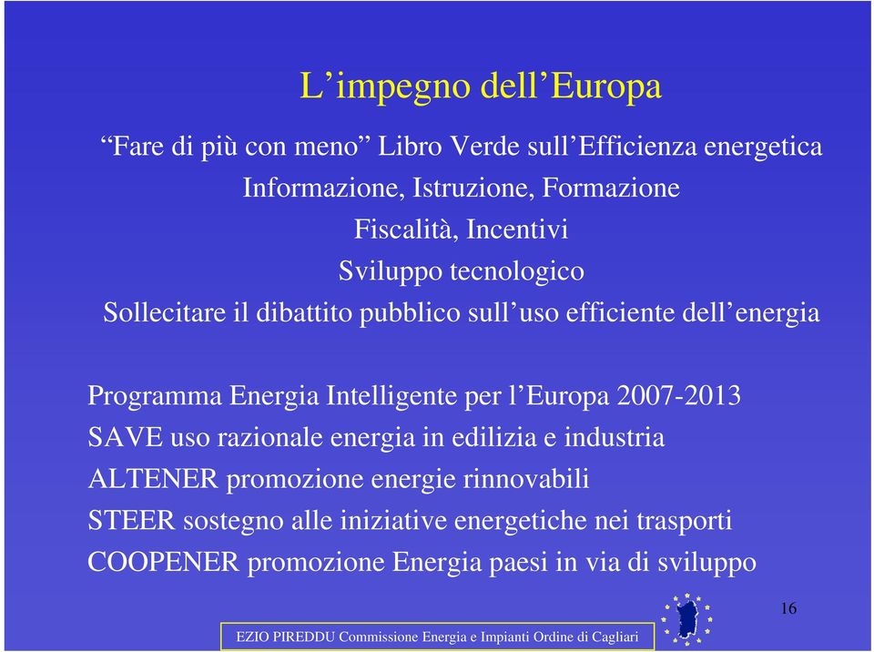 Energia Intelligente per l Europa 2007-2013 SAVE uso razionale energia in edilizia e industria ALTENER promozione