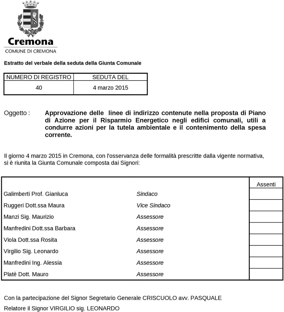 Il giorno 4 marzo 2015 in Cremona, con l'osservanza delle formalità prescritte dalla vigente normativa, si è riunita la Giunta Comunale composta dai Signori: Galimberti Prof. Gianluca Ruggeri Dott.