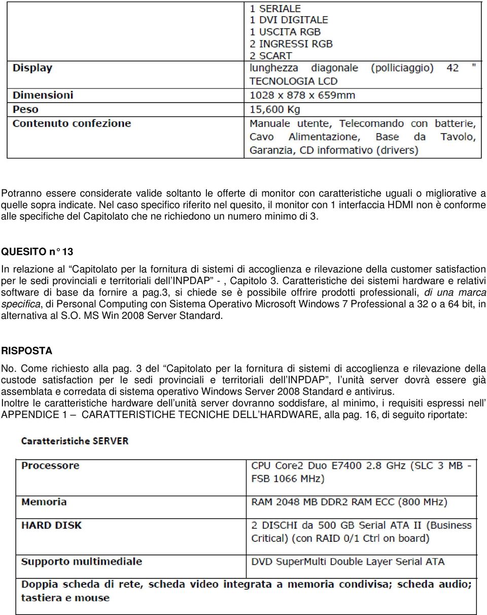 QUESITO n 13 In relazione al Capitolato per la fornitura di sistemi di accoglienza e rilevazione della customer satisfaction per le sedi provinciali e territoriali dell INPDAP -, Capitolo 3.