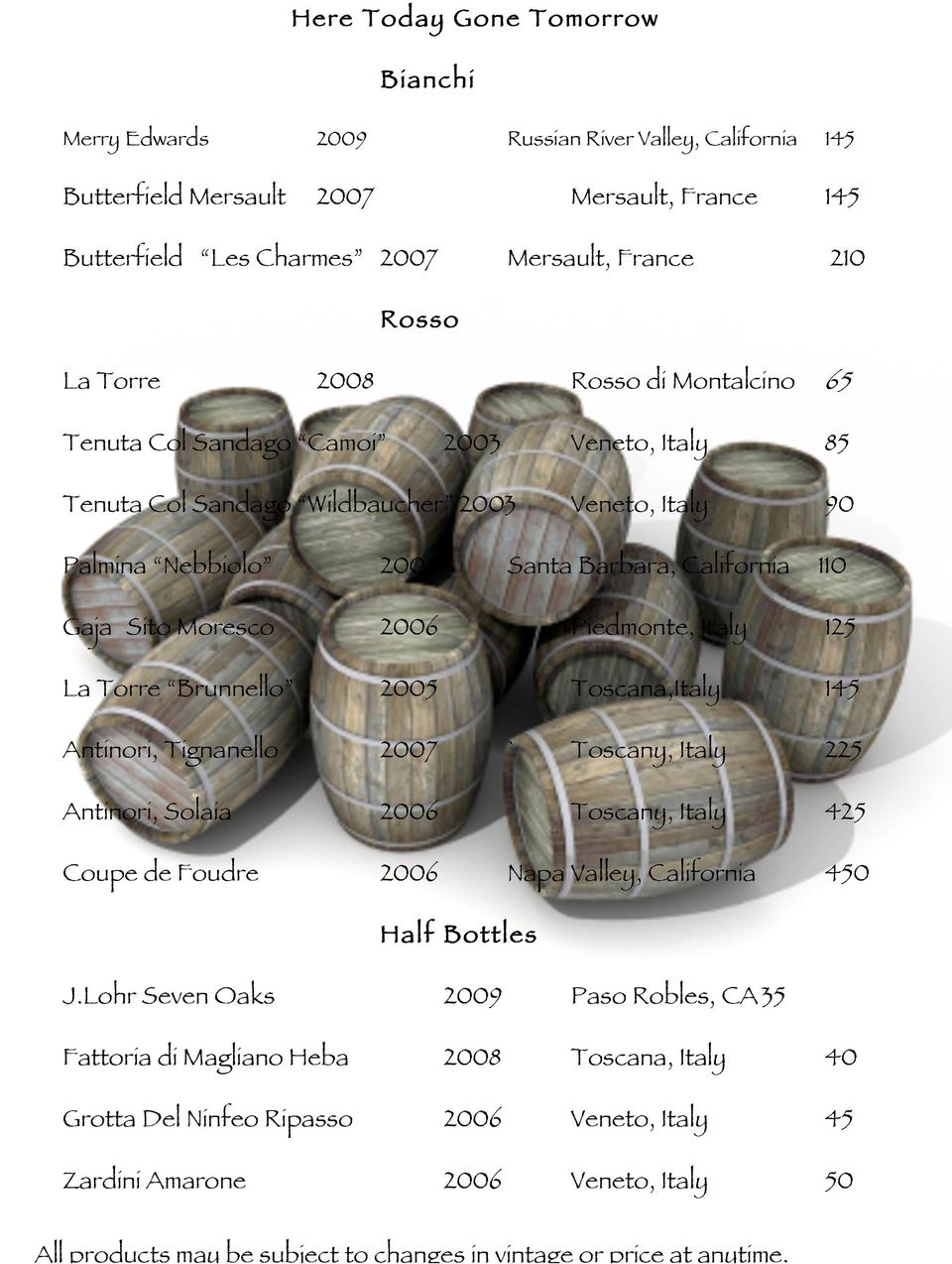 Moresco 2006 Piedmonte, Italy 125 La Torre Brunnello 2005 Toscana,Italy 145 Antinori, Tignanello 2007 ` Toscany, Italy 225 Antinori, Solaia 2006 Toscany, Italy 425 Coupe de Foudre 2006 Napa Valley,