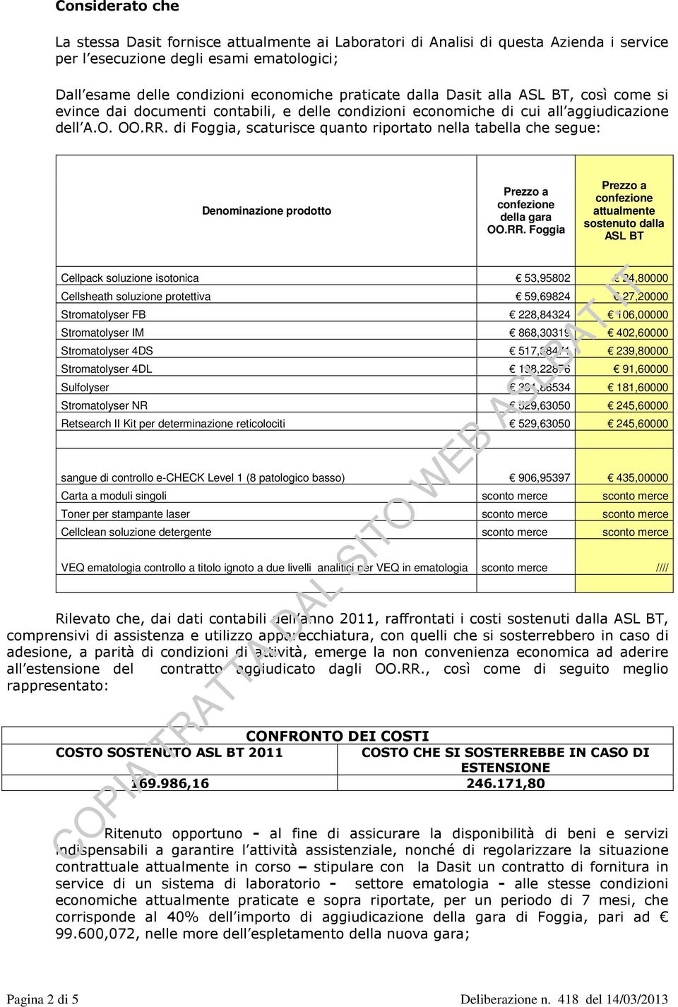 di Foggia, scaturisce quanto riportato nella tabella che segue: Denominazione prodotto Prezzo a confezione della gara OO.RR.