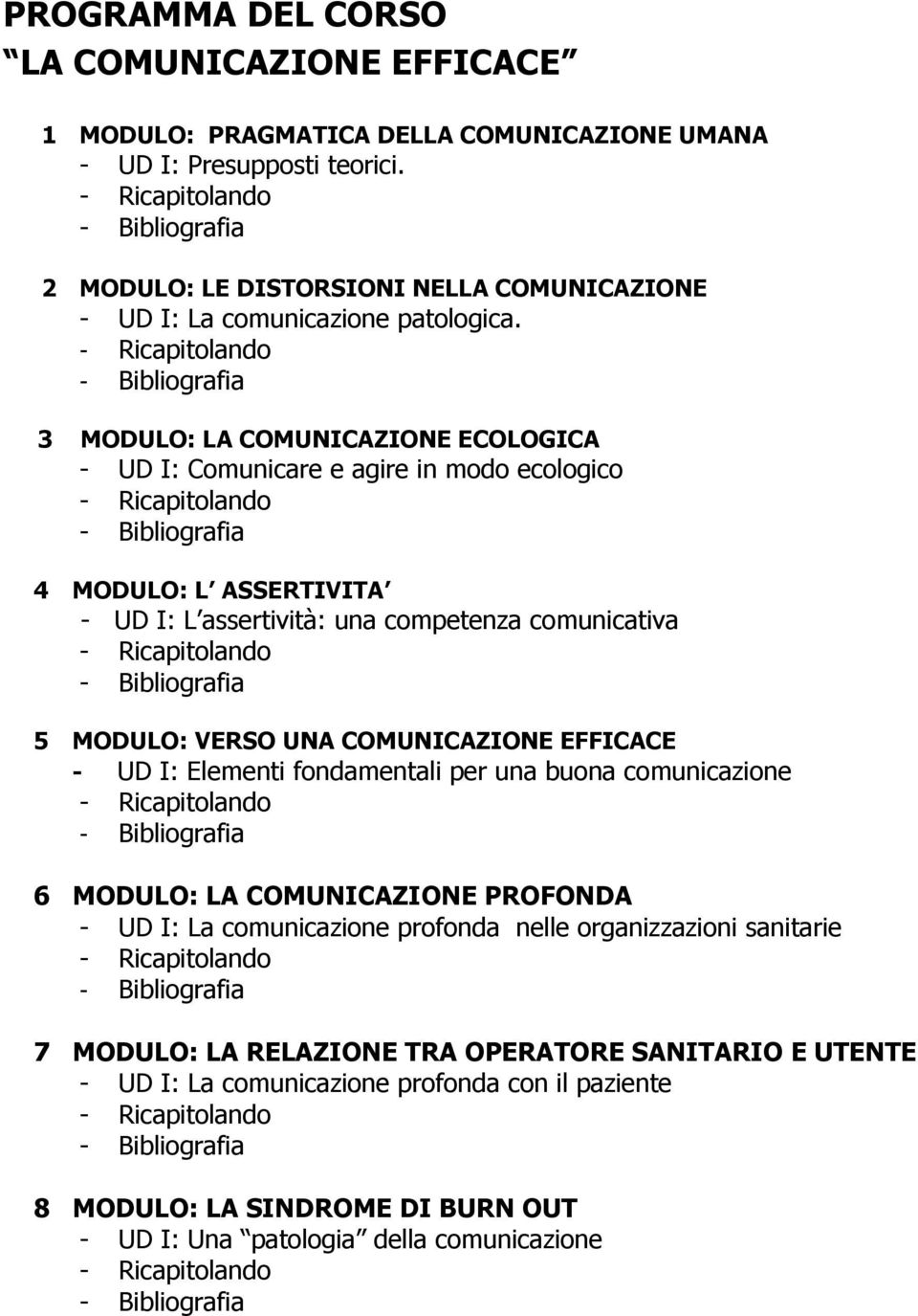 3 MODULO: LA COMUNICAZIONE ECOLOGICA - UD I: Comunicare e agire in modo ecologico 4 MODULO: L ASSERTIVITA - UD I: L assertività: una competenza comunicativa 5 MODULO: VERSO UNA