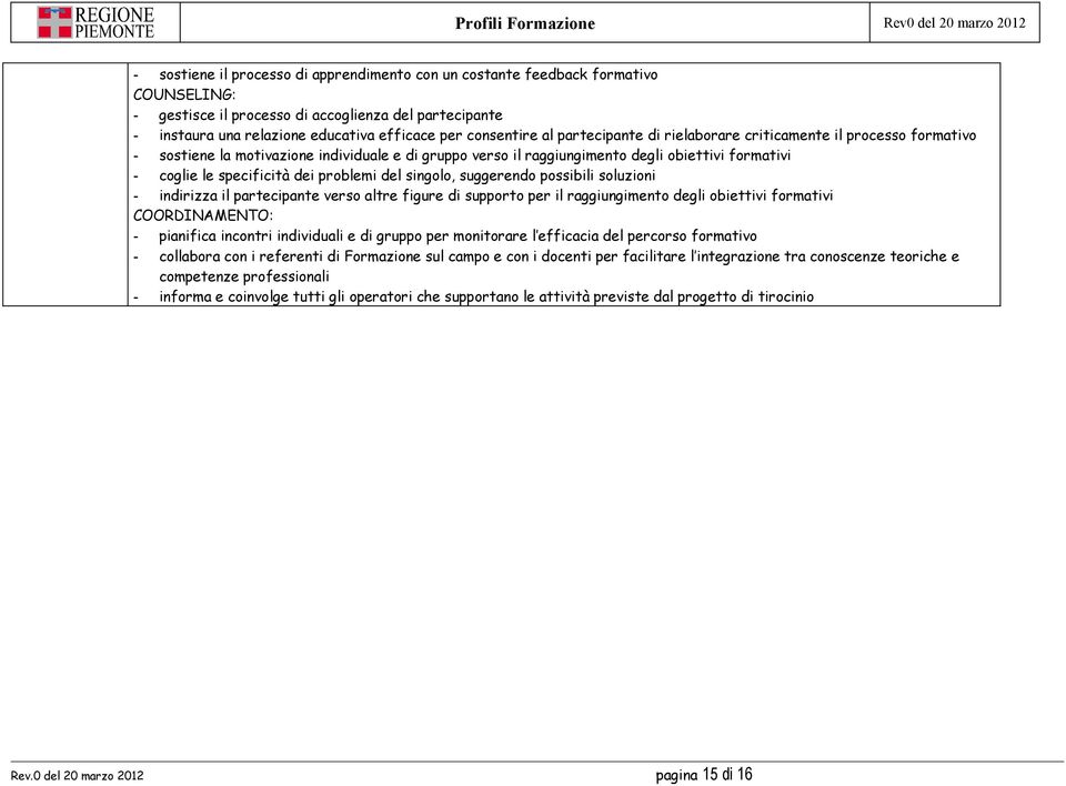 specificità dei problemi del singolo, suggerendo possibili soluzioni - indirizza il partecipante verso altre figure di supporto per il raggiungimento degli obiettivi formativi COORDINAMENTO: -