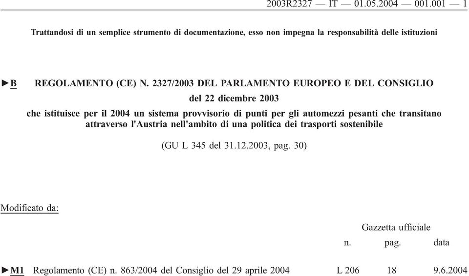 2327/2003 DEL PARLAMENTO EUROPEO E DEL CONSIGLIO del 22 dicembre 2003 che istituisce per il 2004 un sistema provvisorio di punti per gli