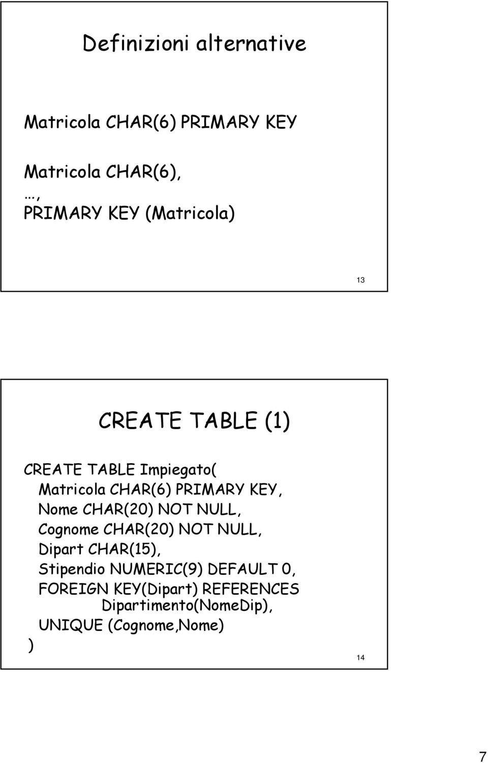 CHAR(20) NOT NULL, Cognome CHAR(20) NOT NULL, Dipart CHAR(15), Stipendio NUMERIC(9) DEFAULT