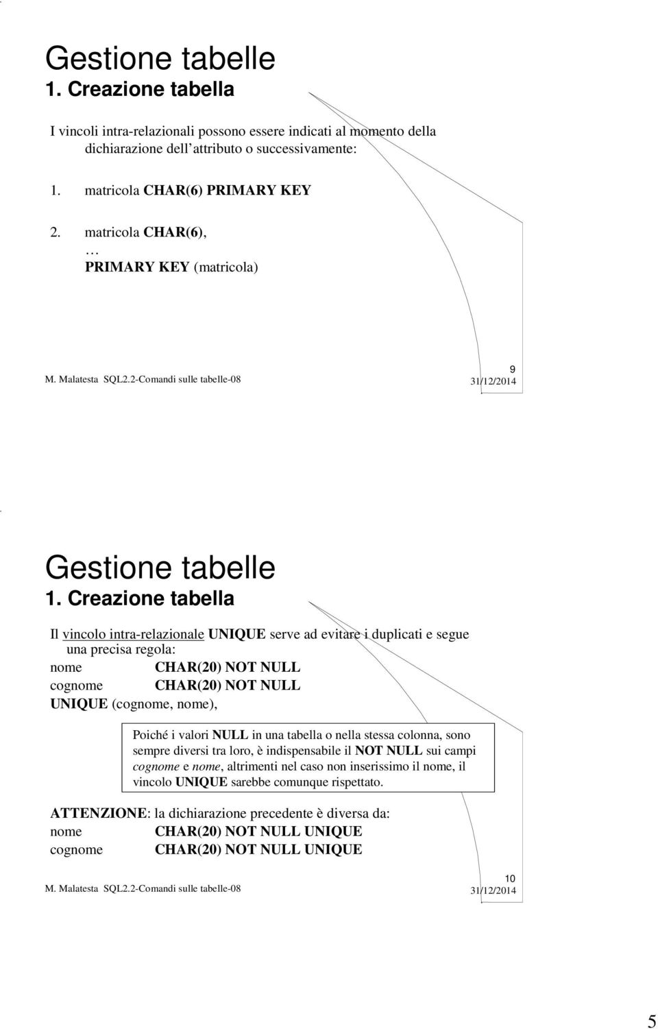 NOT NULL UNIQUE (cognome, nome), Poiché i valori NULL in una tabella o nella stessa colonna, sono sempre diversi tra loro, è indispensabile il NOT NULL sui campi cognome e nome,