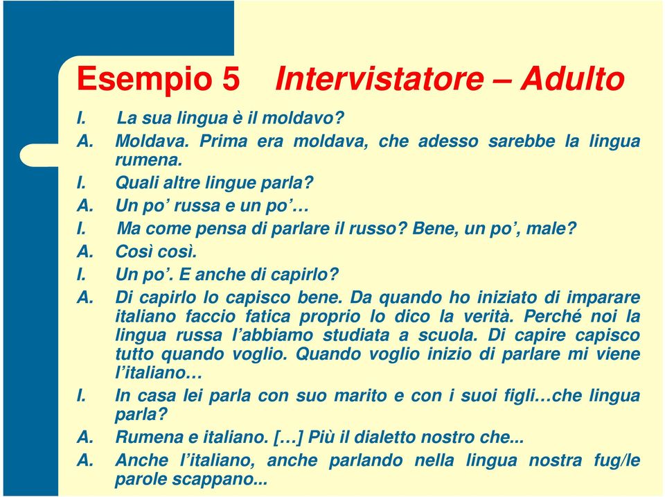 Da quando ho iniziato di imparare italiano faccio fatica proprio lo dico la verità. Perché noi la lingua russa l abbiamo studiata a scuola. Di capire capisco tutto quando voglio.