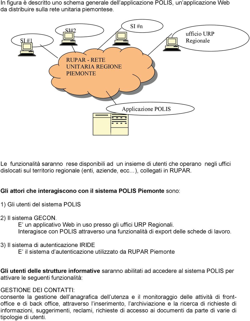 sul territorio regionale (enti, aziende, ecc ), collegati in RUPAR. Gli attori che interagiscono con il sistema POLIS Piemonte sono: 1) Gli utenti del sistema POLIS 2) Il sistema GECON.