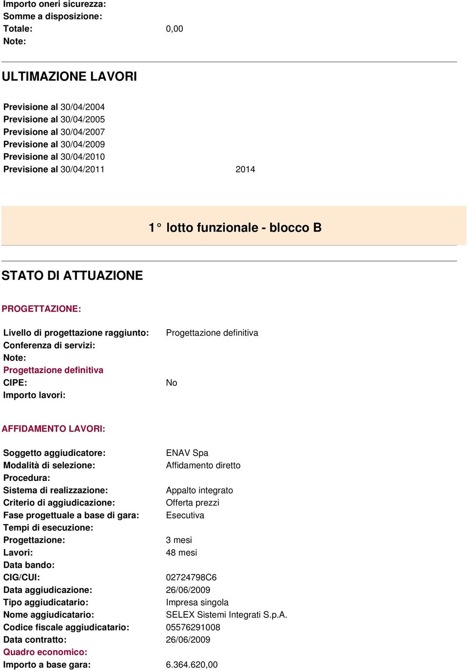 Progettazione definitiva No AFFIDAMENTO LAVORI: Soggetto aggiudicatore: ENAV Spa Modalità di selezione: Affidamento diretto Procedura: Sistema di realizzazione: Appalto integrato Criterio di