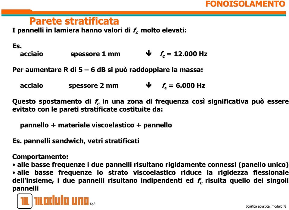 000 Hz Questo spostamento di f c in una zona di frequenza così significativa può essere evitato con le pareti stratificate costituite da: pannello + materiale viscoelastico +