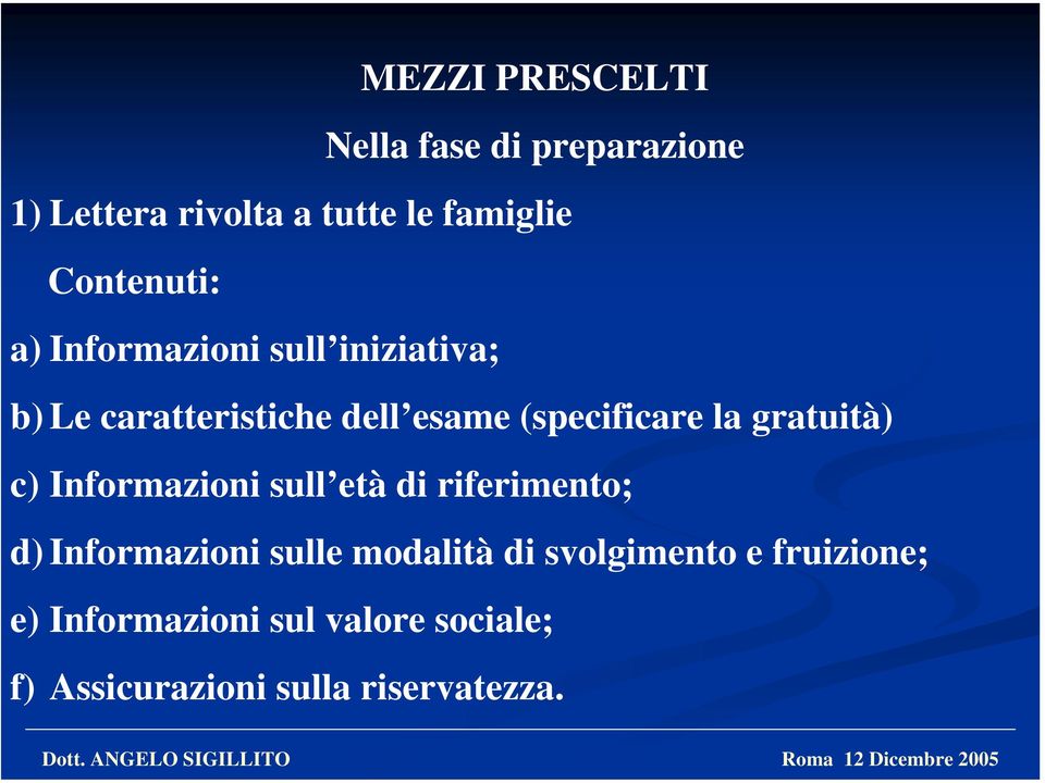 la gratuità) c) Informazioni sull età di riferimento; d) Informazioni sulle modalità di