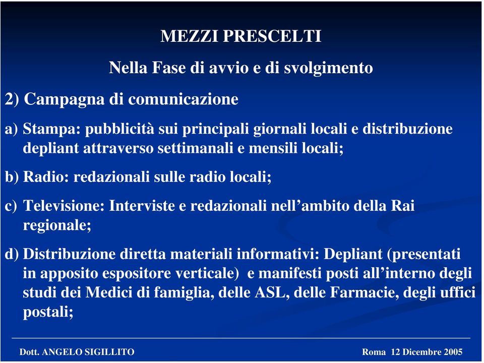 Interviste e redazionali nell ambito della Rai regionale; d) Distribuzione diretta materiali informativi: Depliant (presentati in