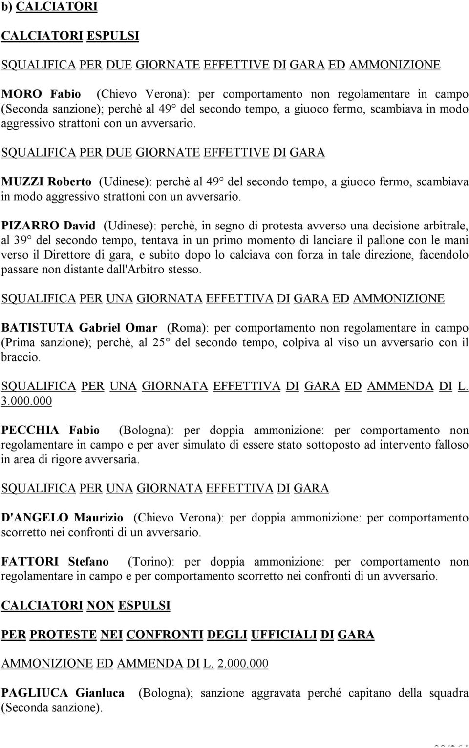 SQUALIFICA PER DUE GIORNATE EFFETTIVE DI GARA MUZZI Roberto (Udinese): perchè al 49  PIZARRO David (Udinese): perchè, in segno di protesta avverso una decisione arbitrale, al 39 del secondo tempo,