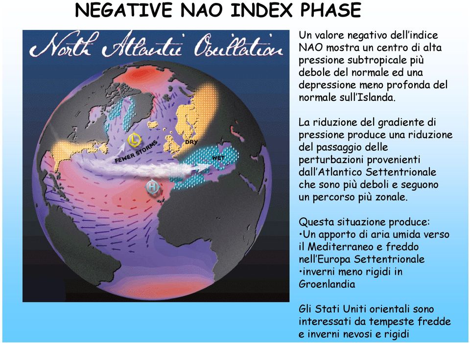 La riduzione del gradiente di pressione produce una riduzione del passaggio delle perturbazioni provenienti dall Atlantico Settentrionale che sono più