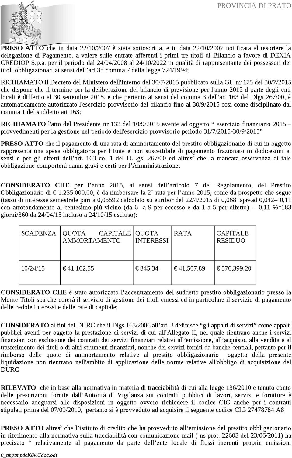 RICHIAMATO il Decreto del Ministero dell'interno del 30/7/2015 pubblicato sulla GU nr 175 del 30/7/2015 che dispone che il termine per la deliberazione del bilancio di previsione per l'anno 2015 d