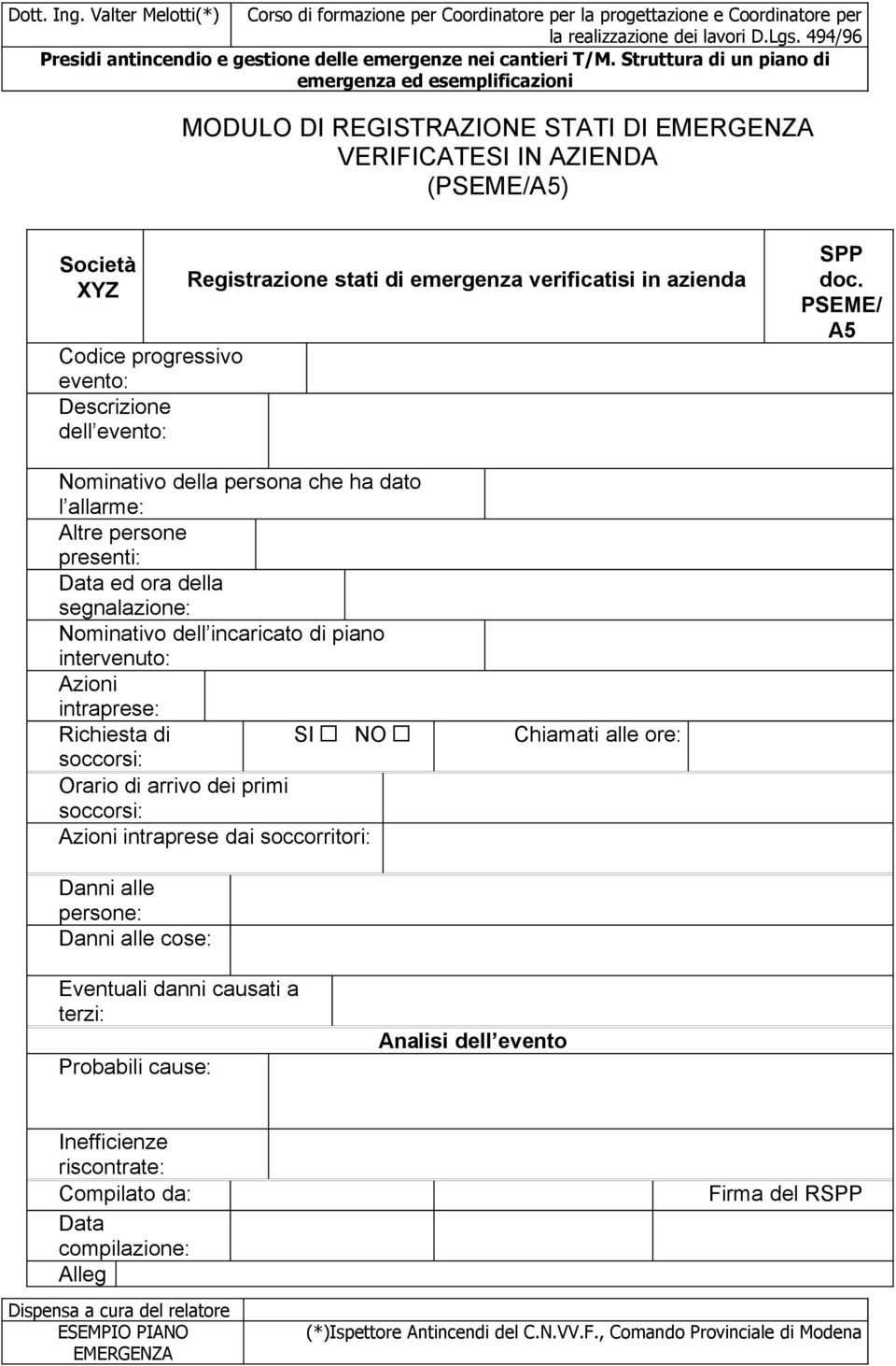 PSEME/ A5 Nominativo della persona che ha dato l allarme: Altre persone presenti: Data ed ora della segnalazione: Nominativo dell incaricato di piano intervenuto: Azioni