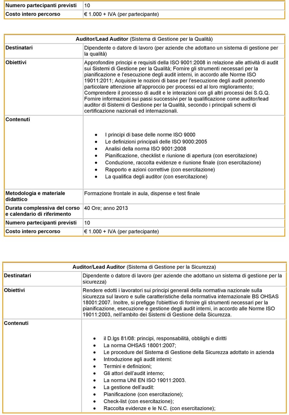 interni, in accordo alle Norme ISO 19011:2011; Acquisire le nozioni di base per l esecuzione degli audit ponendo particolare attenzione all approccio per processi ed al loro miglioramento;