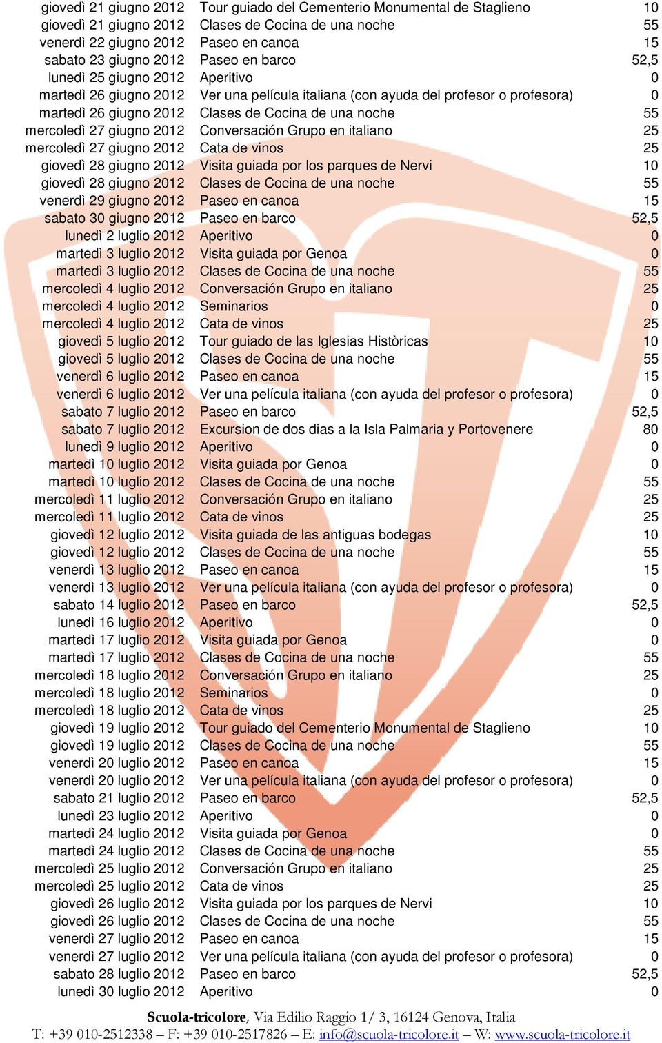 mercoledì 27 giugno 2012 Conversación Grupo en italiano 25 mercoledì 27 giugno 2012 Cata de vinos 25 giovedì 28 giugno 2012 Visita guiada por los parques de Nervi 10 giovedì 28 giugno 2012 Clases de