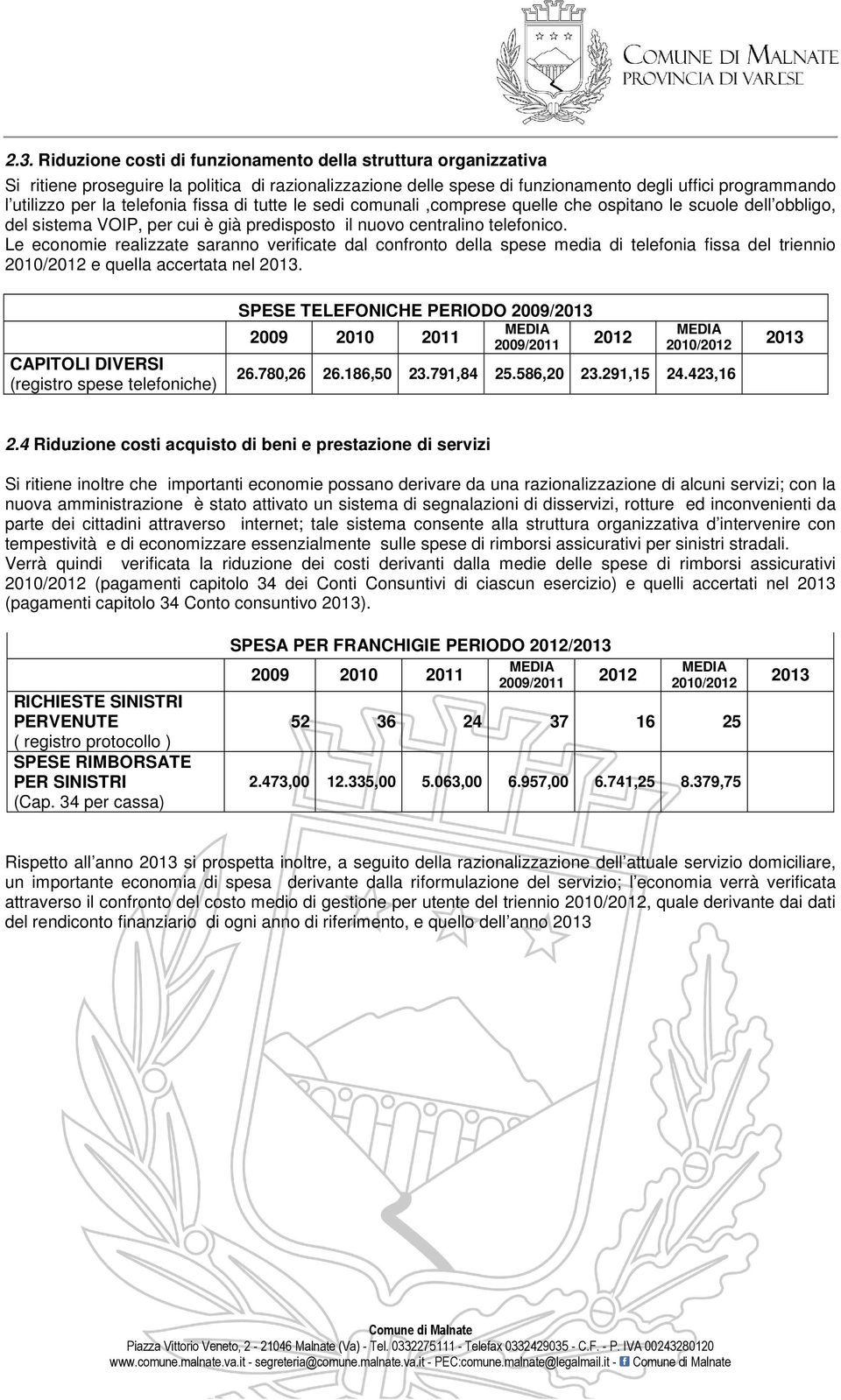 Le economie realizzate saranno verificate dal confronto della spese media di telefonia fissa del triennio 2010/2012 e quella accertata nel 2013.