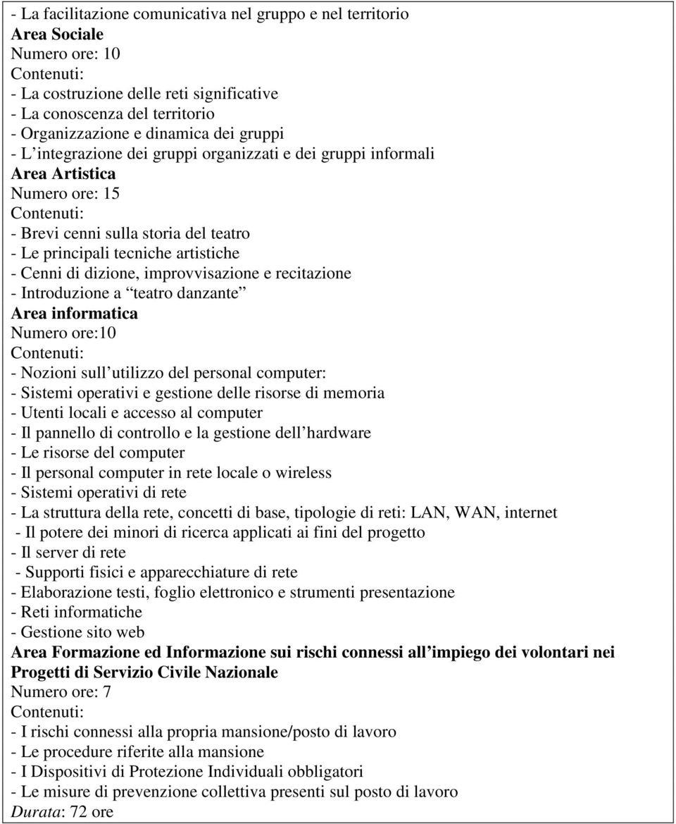 improvvisazione e recitazione - Introduzione a teatro danzante Area informatica Numero ore:10 - Nozioni sull utilizzo del personal computer: - Sistemi operativi e gestione delle risorse di memoria -