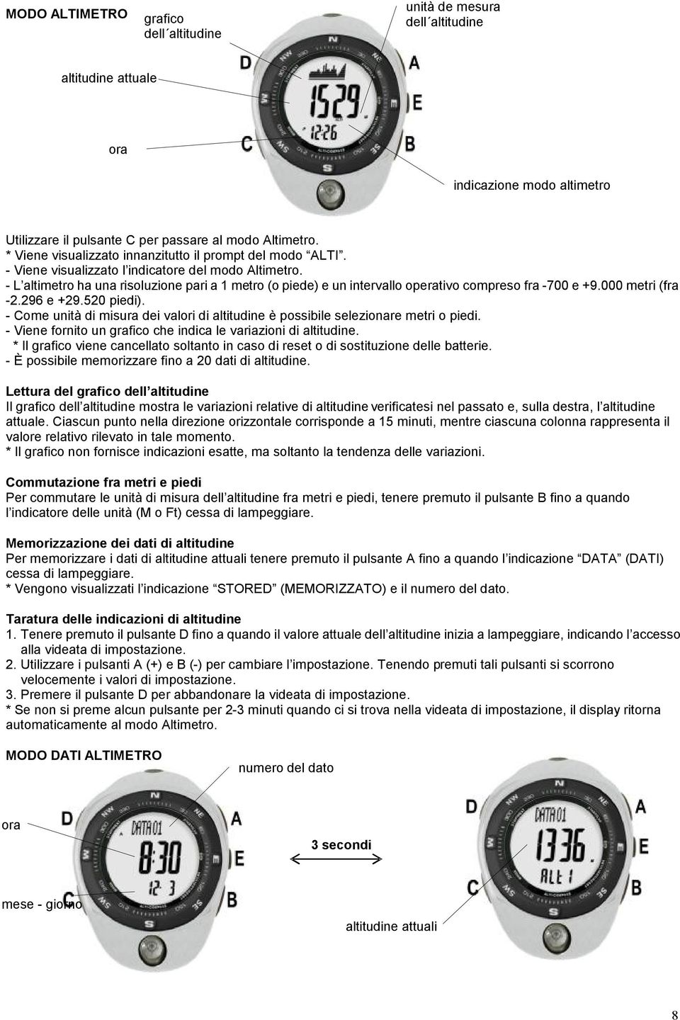 - L altimetro ha una risoluzione pari a 1 metro (o piede) e un intervallo operativo compreso fra -700 e +9.000 metri (fra -2.296 e +29.520 piedi).