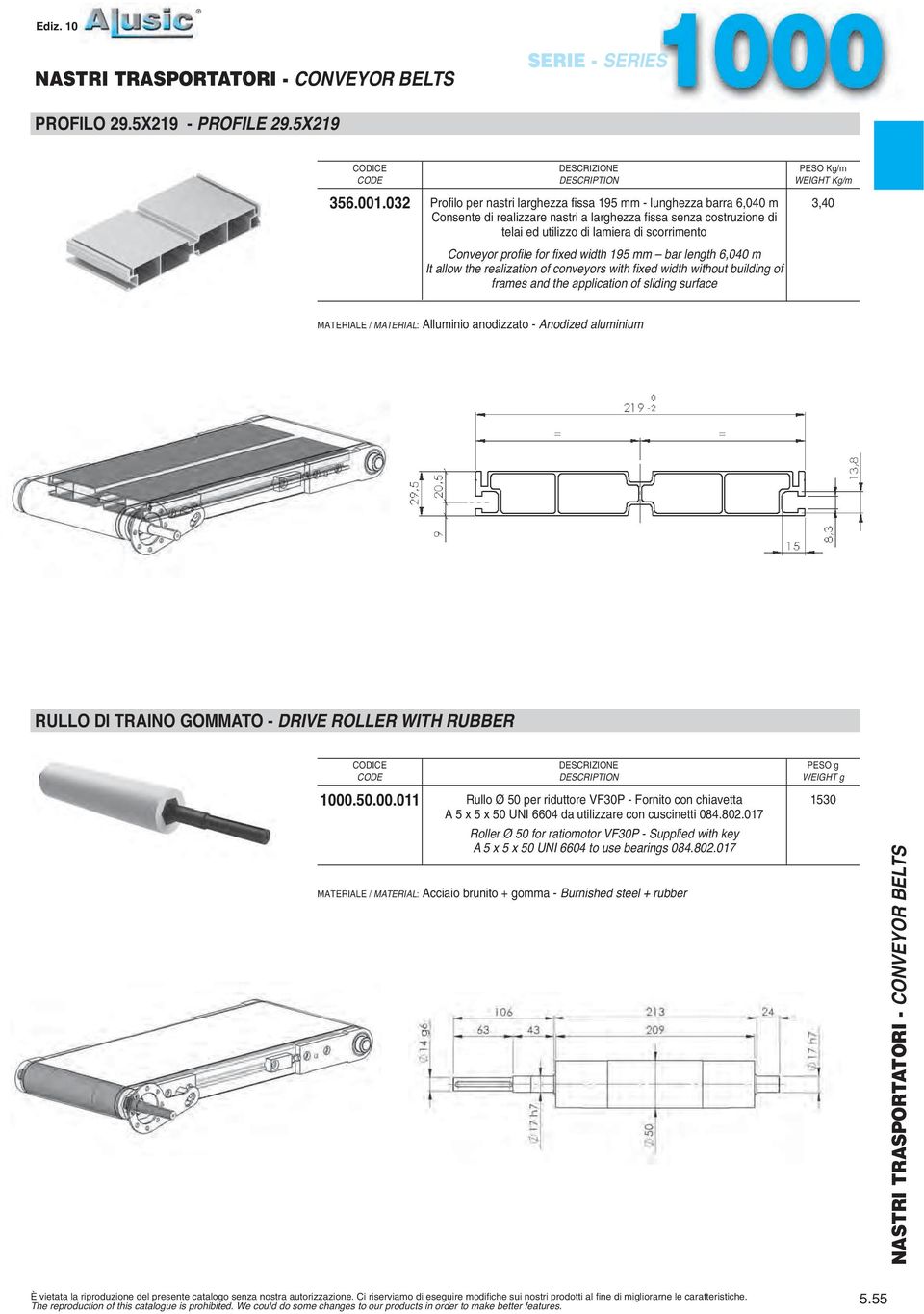 profile for fixed width 95 mm bar length 6,040 m It allow the realization of conveyors with fixed width without building of frames and the application of sliding surface MATERIALE / MATERIAL: