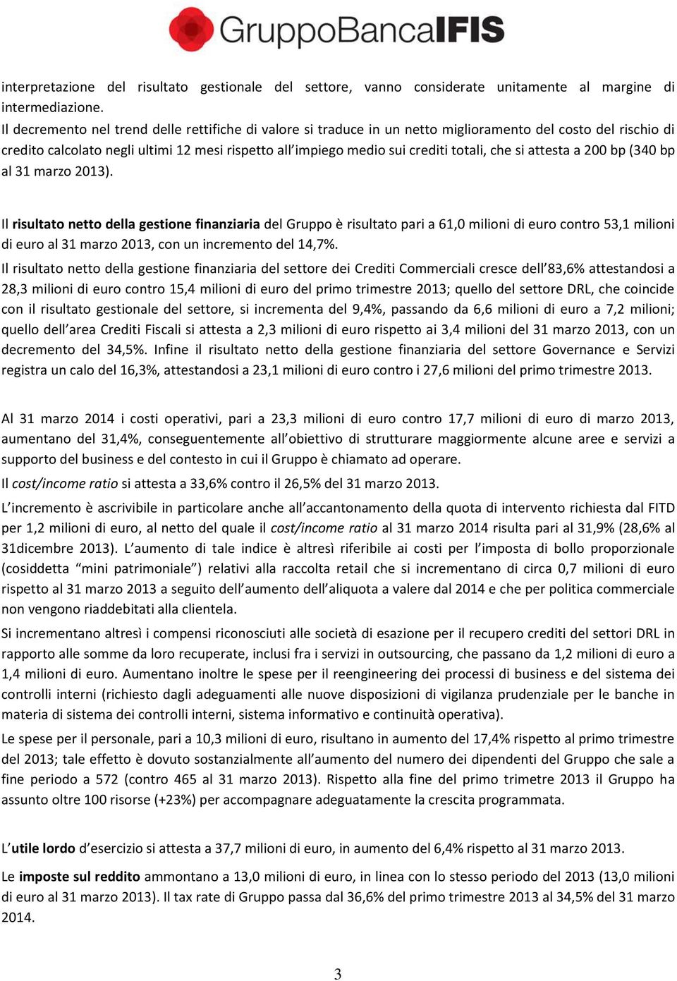 che si attesta a 200 bp (340 bp al 31 marzo 2013).