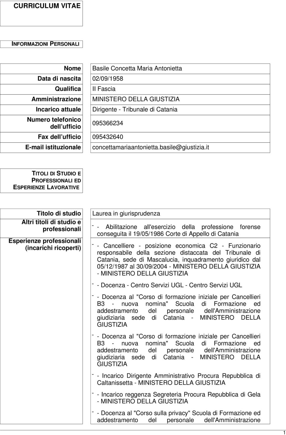 it TITOLI DI STUDIO E PROFESSIONALI ED ESPERIENZE LAVORATIVE Titolo di studio Altri titoli di studio e professionali Esperienze professionali (incarichi ricoperti) Laurea in giurisprudenza