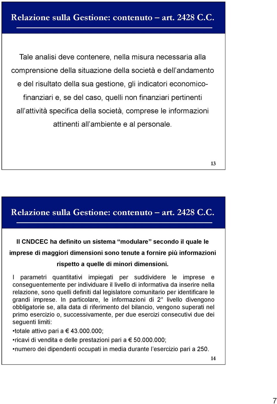 del caso, quelli non finanziari pertinenti all attività specifica della società, comprese le informazioni attinenti all ambiente e al personale. 13 C.