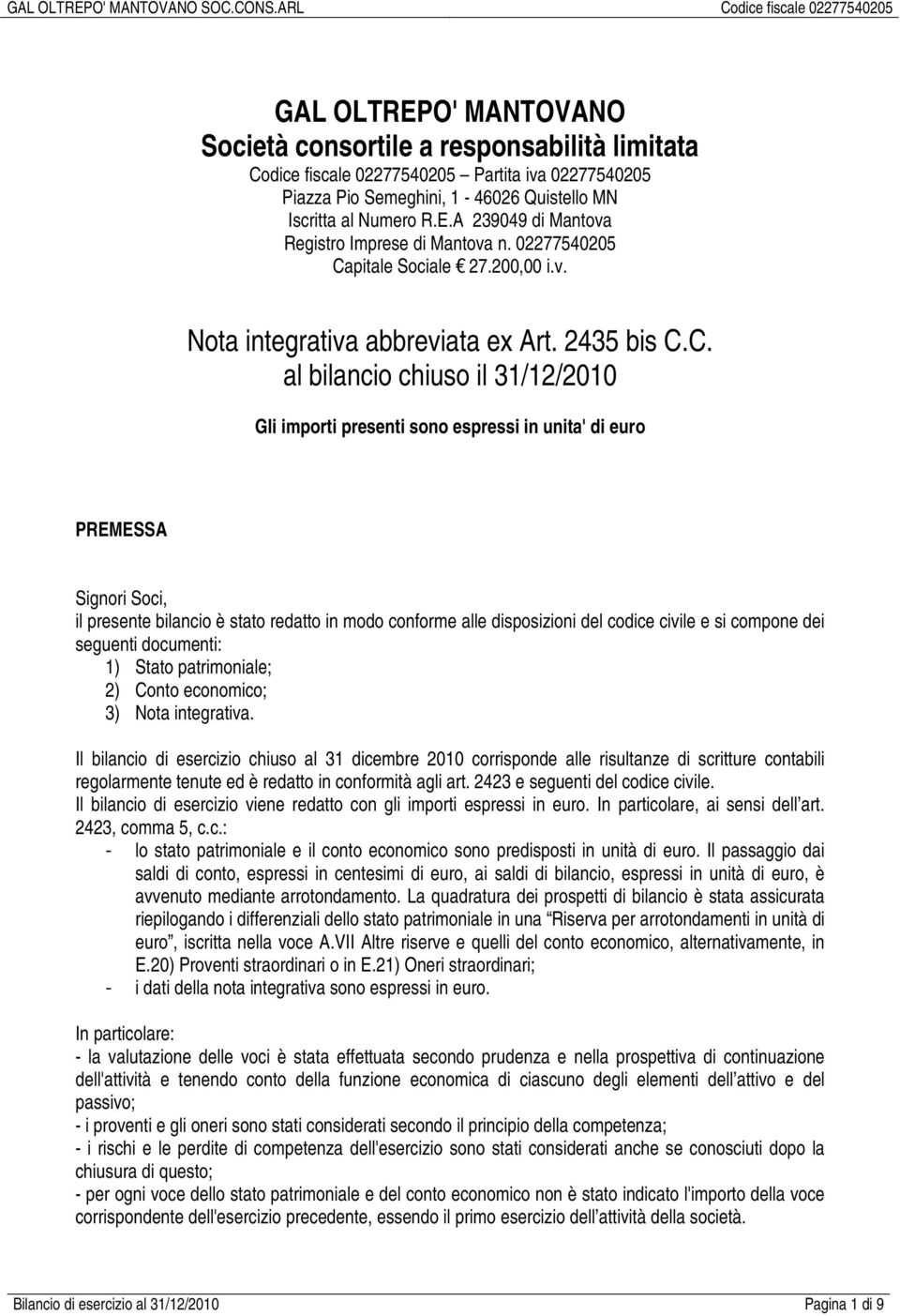 pitale Sociale 27.200,00 i.v. Nota integrativa abbreviata ex Art. 2435 bis C.