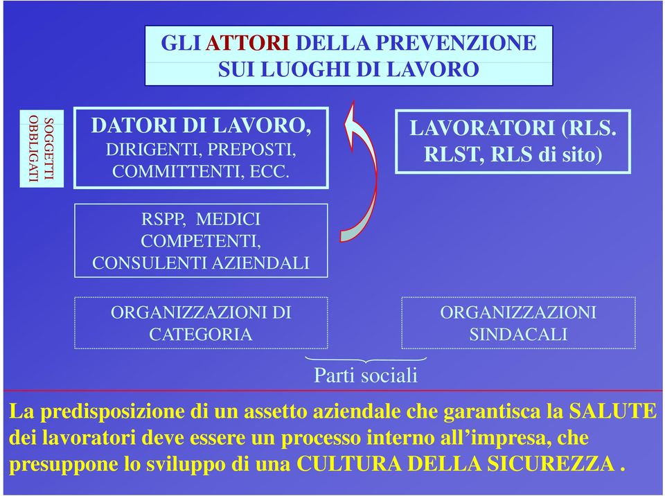 RLST, RLS di sito) ORGANIZZAZIONI DI CATEGORIA ORGANIZZAZIONI SINDACALI Parti sociali La predisposizione di un