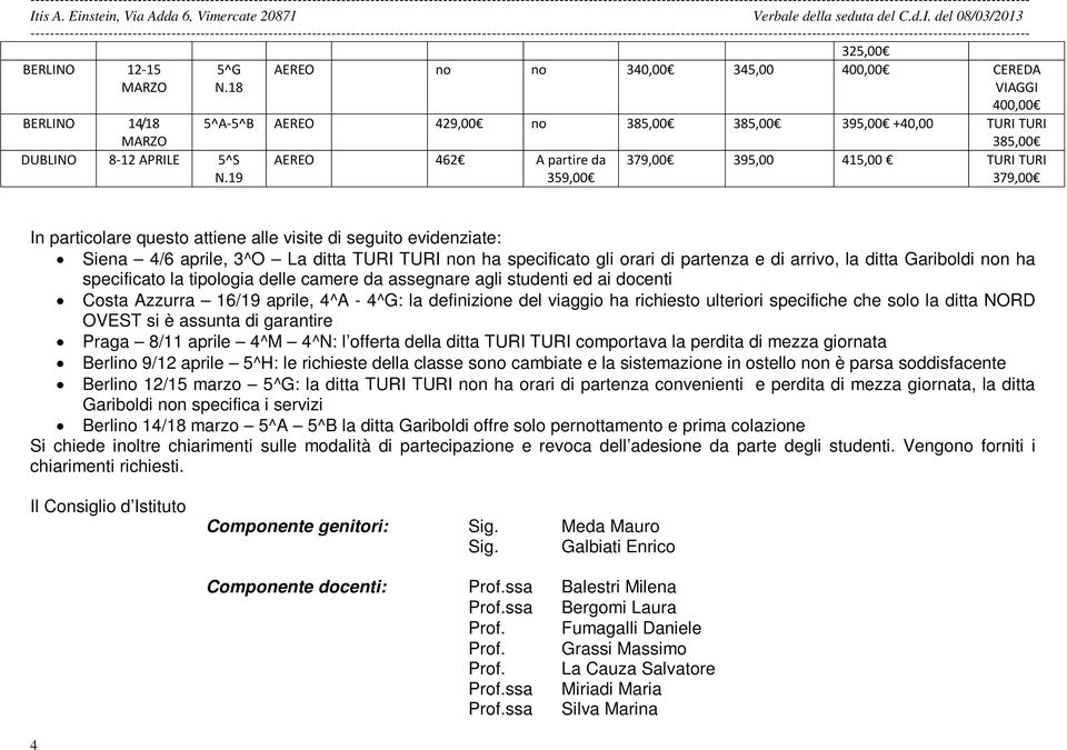 gli orari di partenza e di arrivo, la ditta Gariboldi non ha specificato la tipologia delle camere da assegnare agli studenti ed ai docenti Costa Azzurra 16/19 aprile, 4^A - 4^G: la definizione del