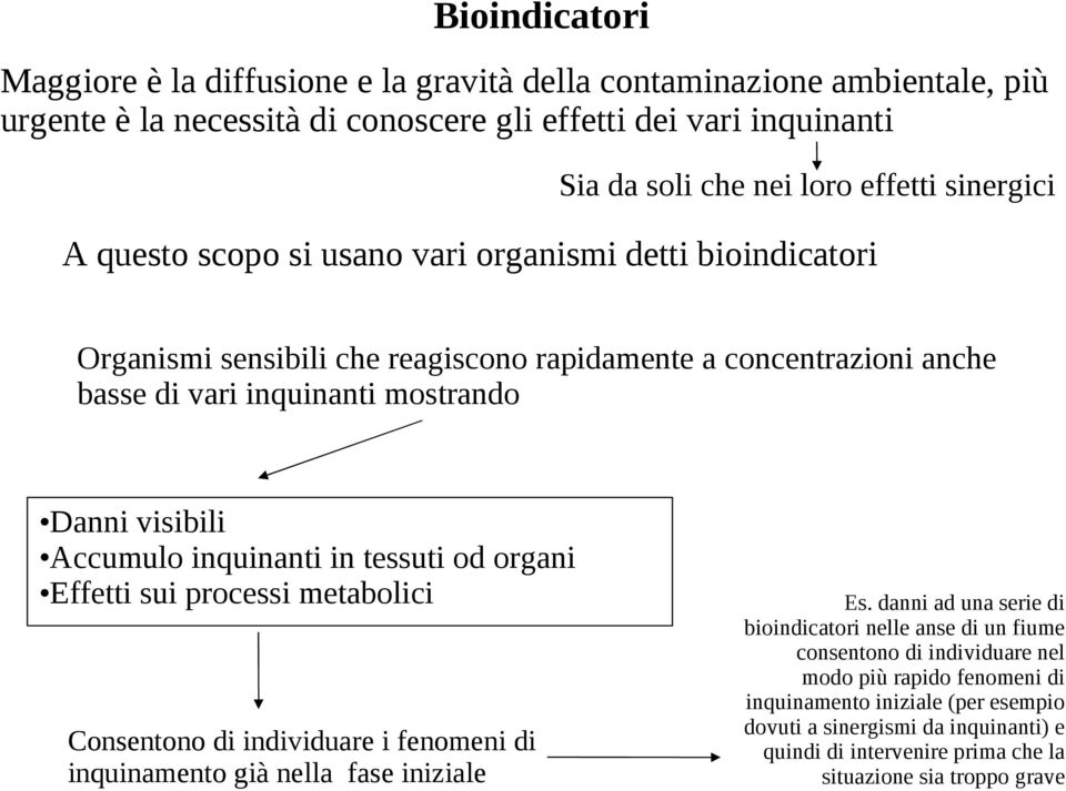 Accumulo inquinanti in tessuti od organi Effetti sui processi metabolici Consentono di individuare i fenomeni di inquinamento già nella fase iniziale Es.