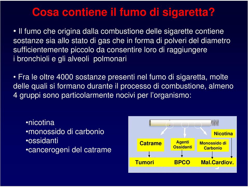 piccolo da consentire loro di raggiungere i bronchioli e gli alveoli polmonari Fra le oltre 4000 sostanze presenti nel fumo di sigaretta, molte