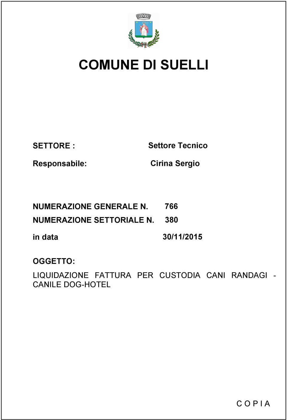 766 NUMERAZIONE SETTORIALE N.