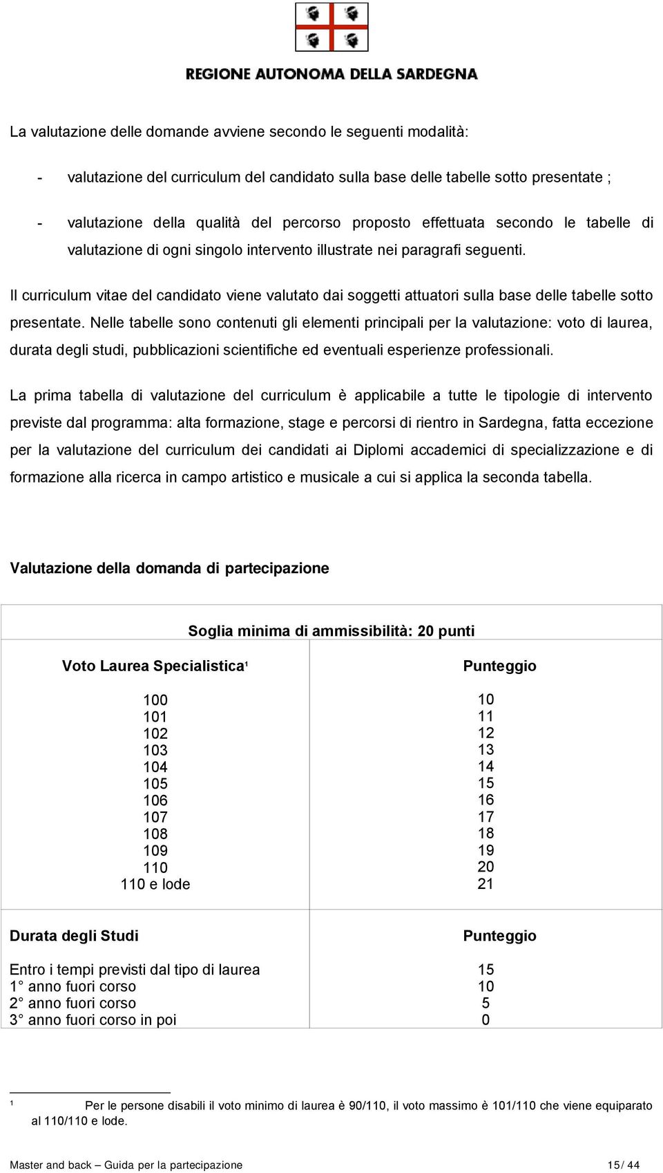 Il curriculum vitae del candidato viene valutato dai soggetti attuatori sulla base delle tabelle sotto presentate.