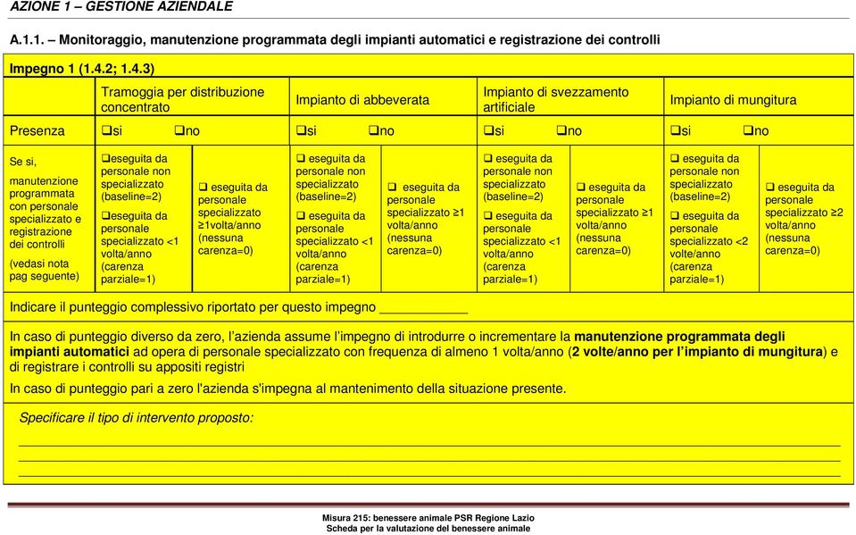 3) Tramoggia per distribuzione concentrato Impianto di abbeverata Impianto di svezzamento artificiale Impianto di mungitura Presenza si no si no si no si no Se si, manutenzione programmata con