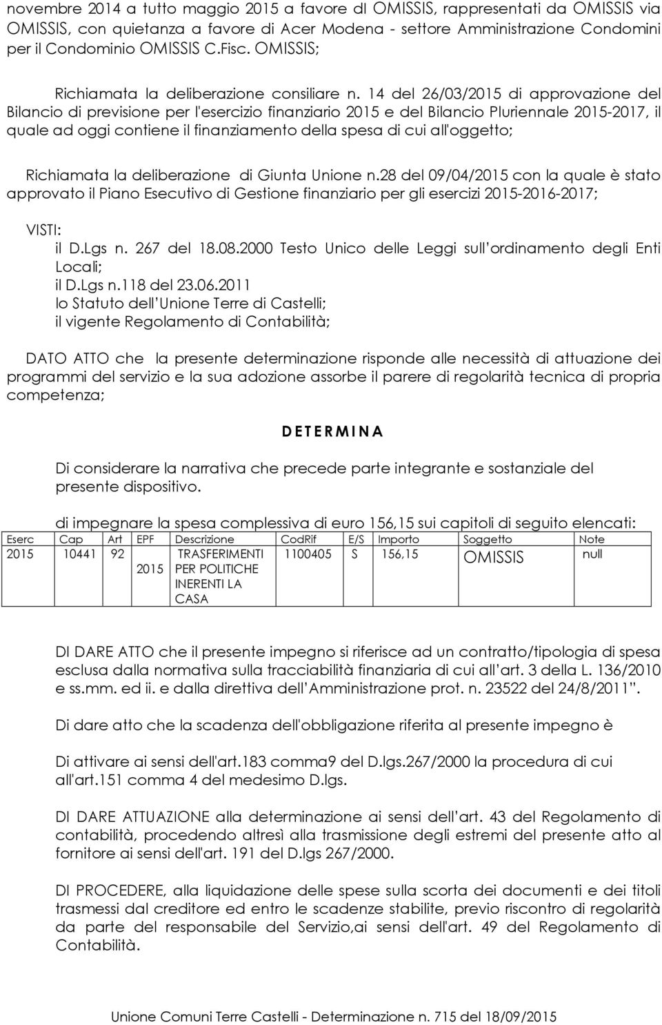 14 del 26/03/2015 di approvazione del Bilancio di previsione per l'esercizio finanziario 2015 e del Bilancio Pluriennale 2015-2017, il quale ad oggi contiene il finanziamento della spesa di cui