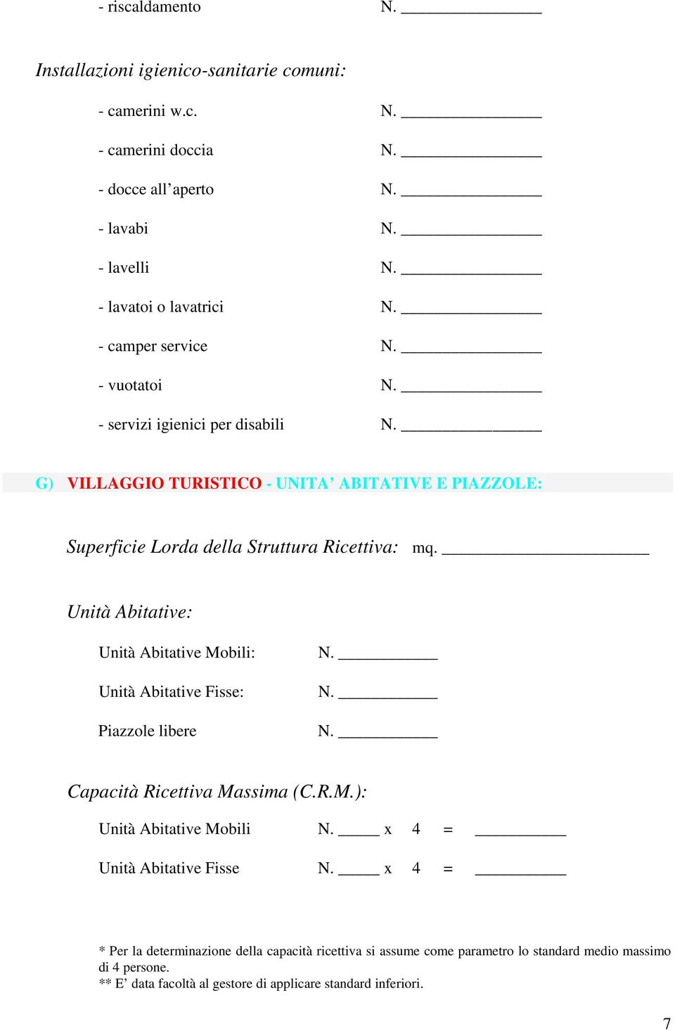 Unità Abitative: Unità Abitative Mobili: Unità Abitative Fisse: Piazzole libere N. N. N. Capacità Ricettiva Massima (C.R.M.): Unità Abitative Mobili N.