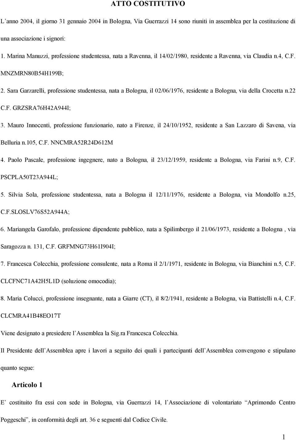 Sara Garzarelli, professione studentessa, nata a Bologna, il 02/06/1976, residente a Bologna, via della Crocetta n.22 C.F. GRZSRA76H42A944I; 3.