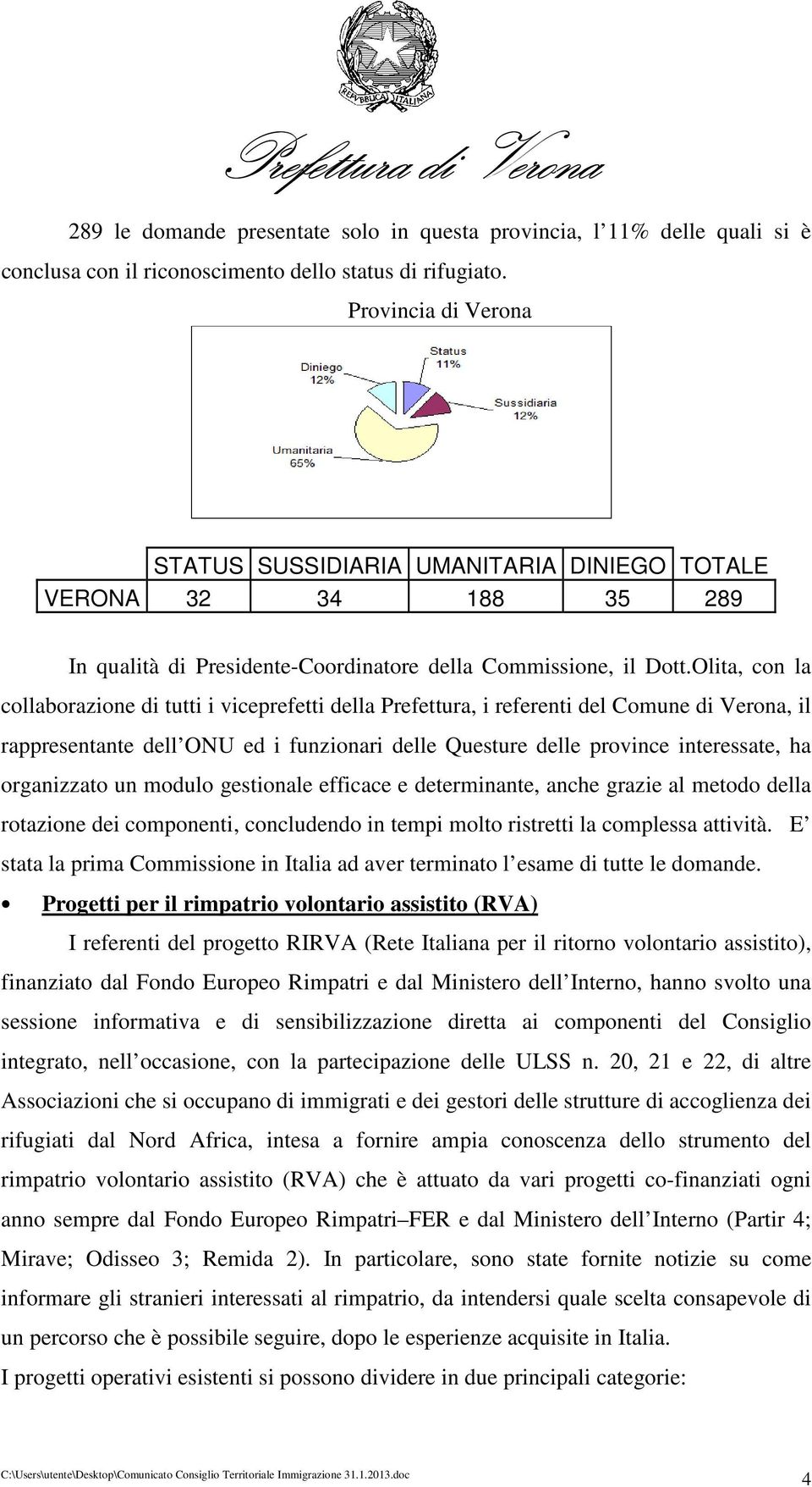 Olita, con la collaborazione di tutti i viceprefetti della Prefettura, i referenti del Comune di Verona, il rappresentante dell ONU ed i funzionari delle Questure delle province interessate, ha