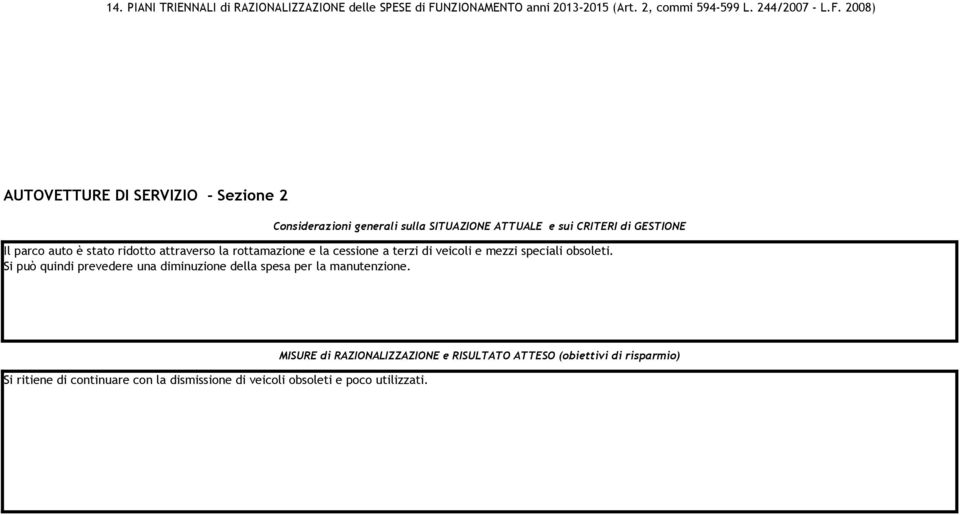 2008) AUTOVETTURE DI SERVIZIO - Sezione 2 Considerazioni generali sulla SITUAZIONE ATTUALE e sui CRITERI di GESTIONE Il parco auto è stato ridotto