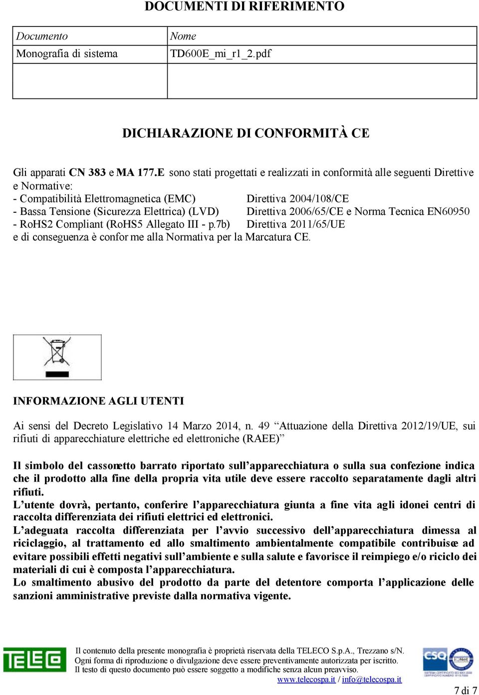 Direttiva 2006/65/CE e Norma Tecnica EN60950 - RoHS2 Compliant (RoHS5 Allegato III - p.7b) Direttiva 2011/65/UE e di conseguenza è confor me alla Normativa per la Marcatura CE.